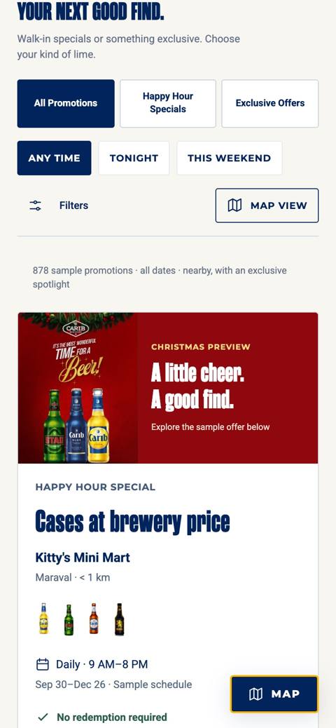 Carib Brewery Promotions: offer filters and a sample happy hour special near Maraval