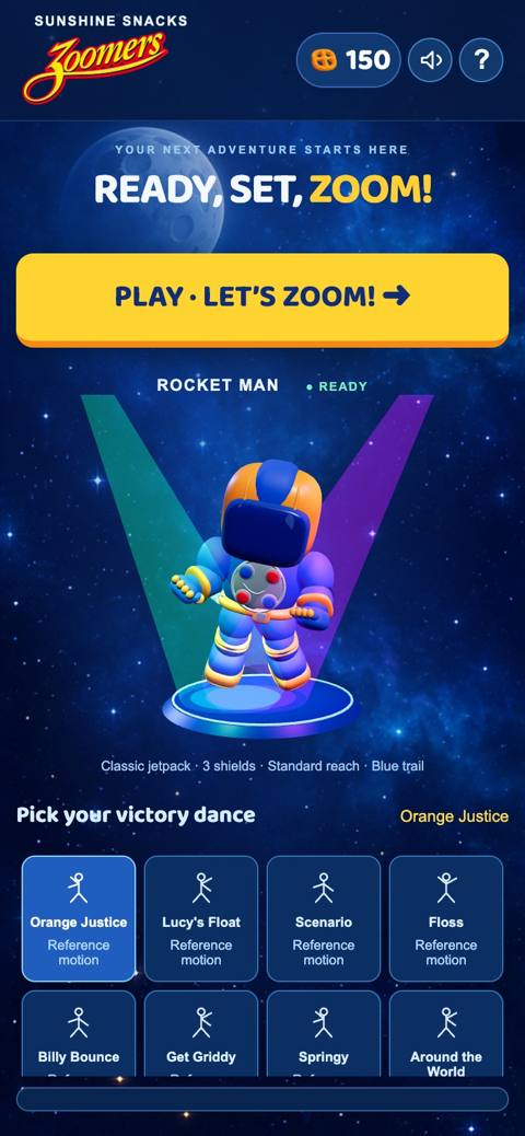Zoomers game start screen with the rocket man and a Play button